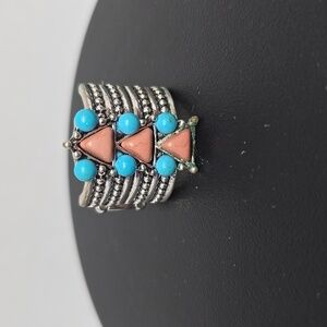 Aztec blue orange silver adjustable ring